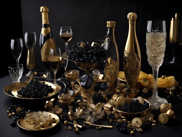 Photo composition de vin sur fond noir bouteilles de verres raisins d'or et d'argent génératifs ai