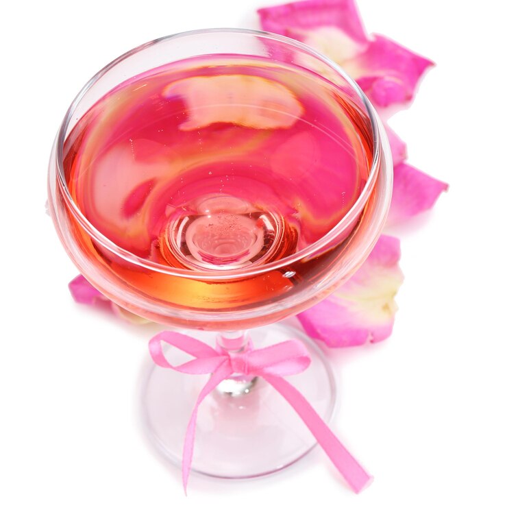 Photo composition avec vin mousseux rose en verre et pétales de rose isolés sur blanc