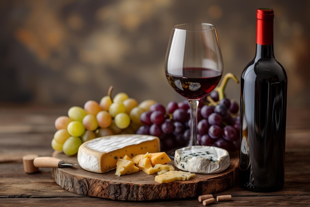 Composition de vin rouge et de fromage Brie camembert et raisins sur une planche en bois Photographie de nature morte