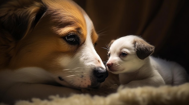 Une composition visuelle enchanteresse présentant un chien et son petit chiot