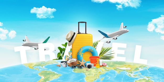 Composition de voyage avec sac, chapeau, articles de plage et avions sur la carte du monde. Concept créatif de voyage d'été