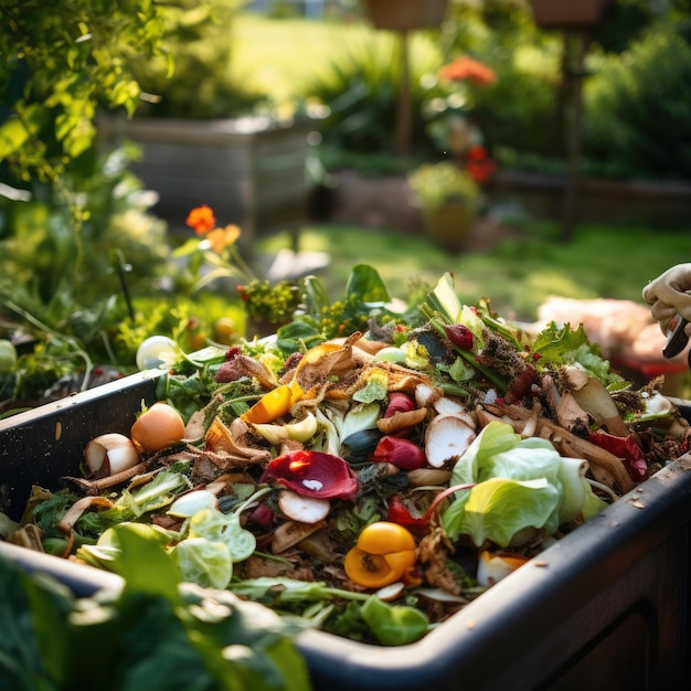 Photo compostage des restes de cuisine dans un bac à compost de jardin