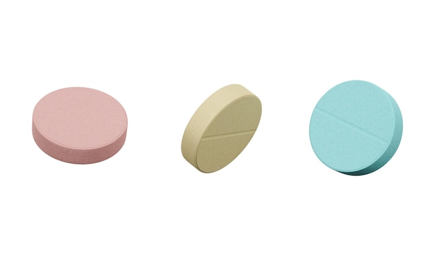 Comprimés colorés isolés sur fond blanc Médicaments et pharmacie Découper le concept de soins de santé rendu 3d