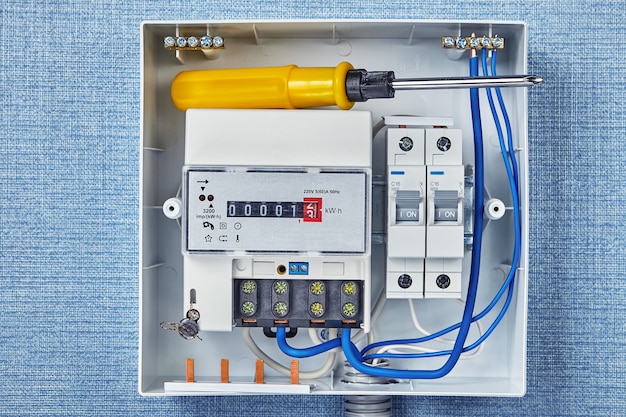 Photo compteur électrique électrique et disjoncteurs.