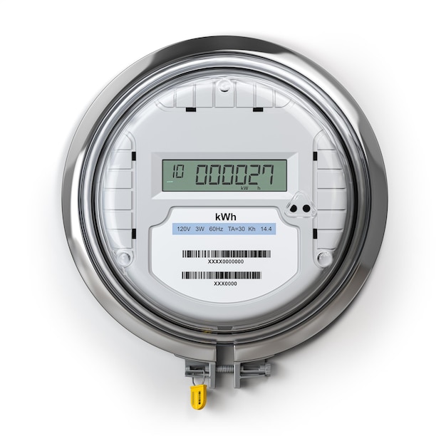 Compteur électrique numérique avec écran lcd isolé sur blanc Concept de consommation d'électricité