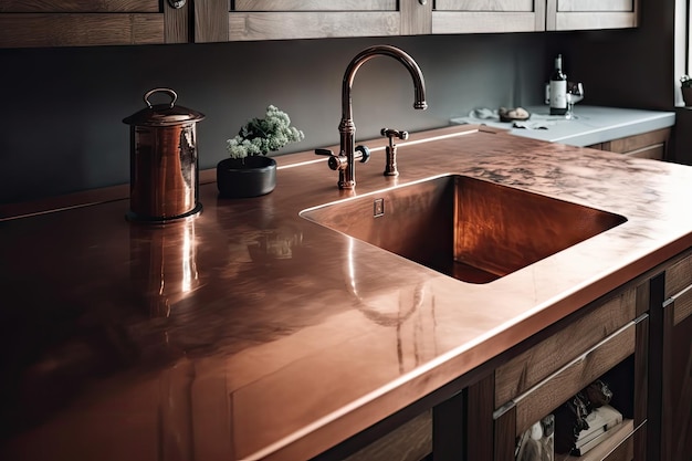 Comptoir en acier inoxydable avec évier en cuivre et robinet dans une cuisine moderne créée avec générative ai