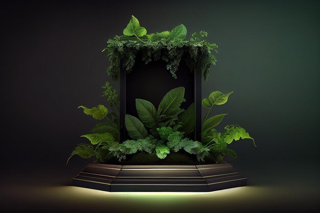 Comptoir d'affichage lumineux ou podium de scène avec plantes vertes Generative Ai