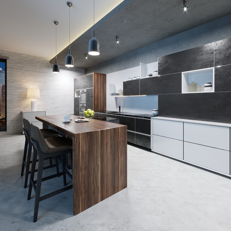 Photo comptoir de bar avec chaises dans la cuisine de style contemporain. rendu 3d.