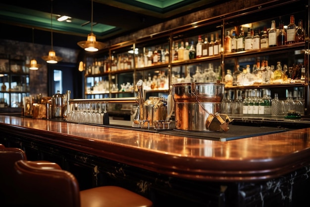 Comptoir de bar classique avec des boissons sur le fond et une table en bois