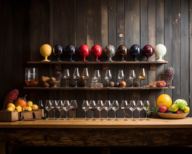 Comptoir de bar avec des verres à vin sur les étagères illustration du repos dans le bar généré avec l'IA