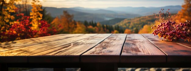 Comptoir en bois sur un arrière-plan flou de paysage coloré d'automne généré par AI