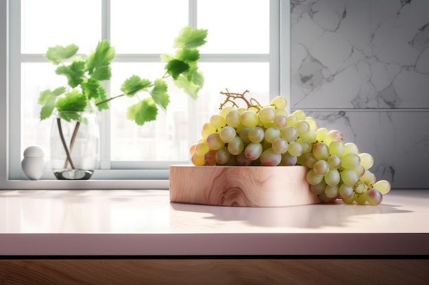 Le comptoir en bois de la cuisine, le comptoir de l'armoire blanche, les fruits et les légumes
