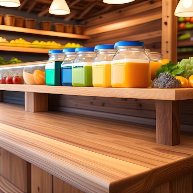 Un comptoir en bois naturel brillant et vide dans une épicerie respectueuse de l'environnement avec de beaux produits en bois