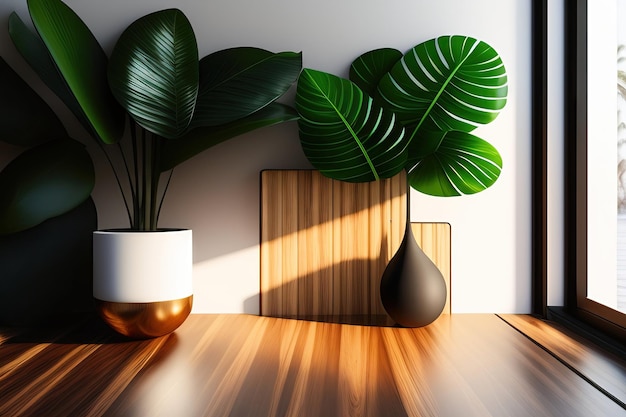 Comptoir en bois vide avec arbre tropical dans l'ombre des feuilles du soleil pommelé sur un mur blanc pour