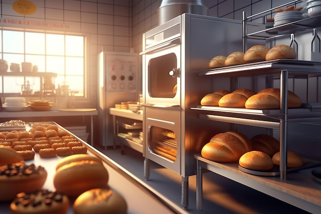 Comptoir en bois vide dans une épicerie de boulangerie écologique avec étagère de pain et de confiserie de produits laitiers pour l'affichage de produits sains et de boissons et de collations