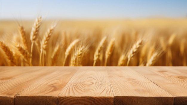 Photo un comptoir en bois vide devant un champ de blé un endroit pour présenter une mise en page de produit