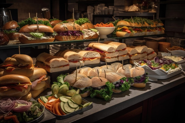 Comptoir de charcuterie avec une variété de sandwichs roulés et de salades