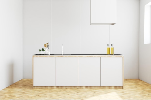 Comptoir de cuisine blanc avec un évier et une cuisinière intégrés, des ustensiles de cuisine et de l'huile d'olive. Un plancher en bois. maquette de rendu 3d