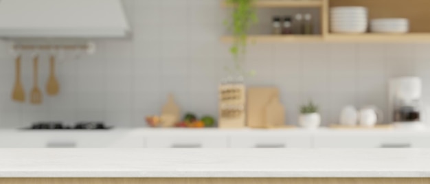 Comptoir de cuisine blanc moderne avec espace de copie sur une cuisine blanche minimale floue en arrière-plan