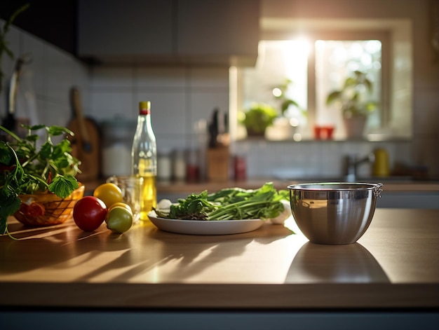 un comptoir de cuisine avec une bouteille d'huile d'olive et des légumes