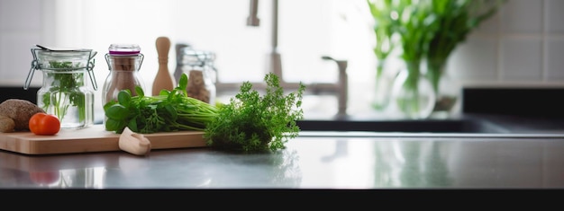 Comptoir de cuisine avec ingrédients de cuisine et herbes cuisine soft focus copie espace AI générative