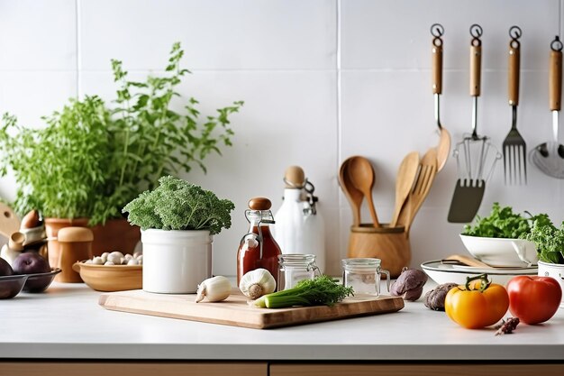 Comptoir de cuisine moderne avec ustensiles culinaires domestiques dessus concept de cuisine saine à la maison