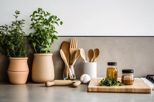 Comptoir de cuisine moderne avec ustensiles culinaires domestiques dessus concept de cuisine saine à la maison