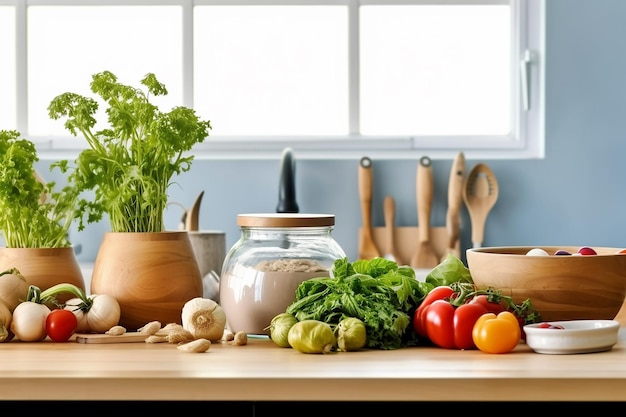 Comptoir de cuisine moderne avec ustensiles culinaires domestiques dessus concept de cuisine saine à la maison