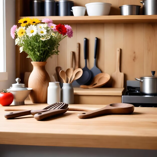 un comptoir de cuisine avec un pot de fleurs et un pots de fleurs dessus