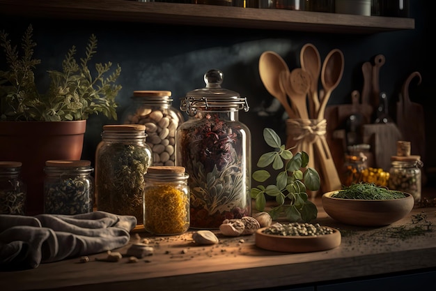 Un Comptoir De Cuisine Avec Des Pots De Nourriture, Y Compris Des