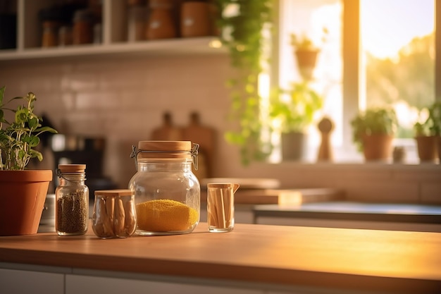 Comptoir de cuisine avec des ustensiles en bois et un pot d'herbes