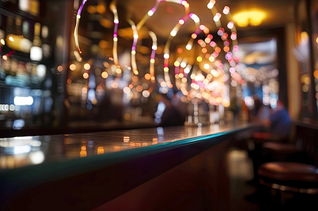 Le comptoir du bar du restaurant est flou avec l'éclairage et les lumières floues