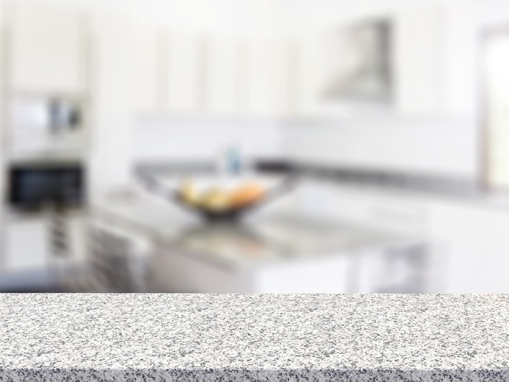 Photo comptoir en granit de rendu 3d avec fond de cuisine
