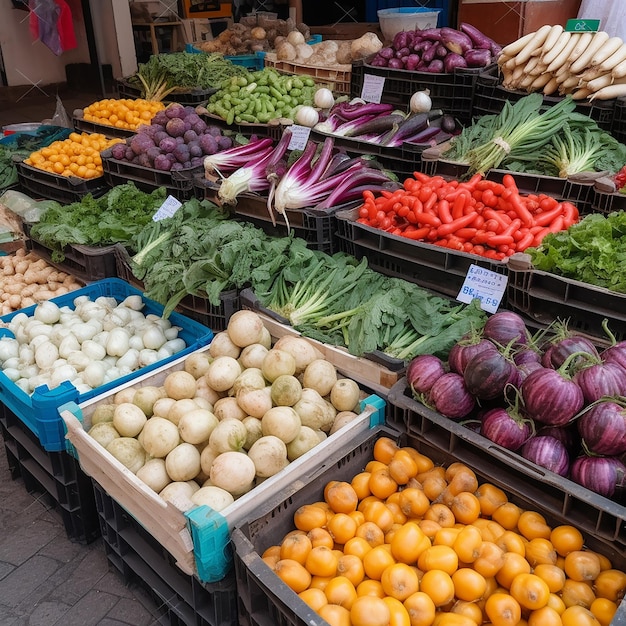 Comptoir d'un magasin de légumes de rue fruits et légumes frais mûrs dans des boîtes en gros plan