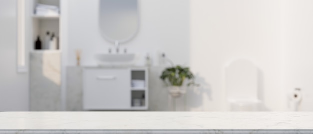 Comptoir en marbre blanc pour le montage sur l'intérieur de la salle de bain blanche élégante en arrière-plan 3d