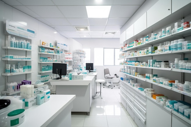 Photo un comptoir de pharmacie avec des étagères remplies de médicaments installations médicales ai générative