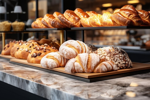 Photo comptoir avec des produits de boulangerie en gros plan