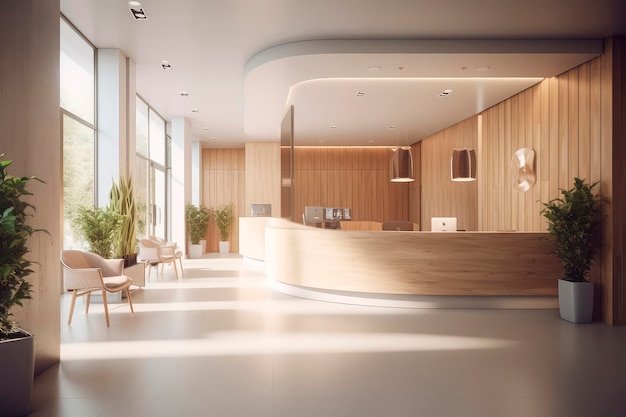 Comptoir de réception contemporain design hall élégant avec intérieur moderne en blanc et bois