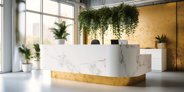 Comptoir de réception dans un bureau d'entreprise moderne avec des plantes