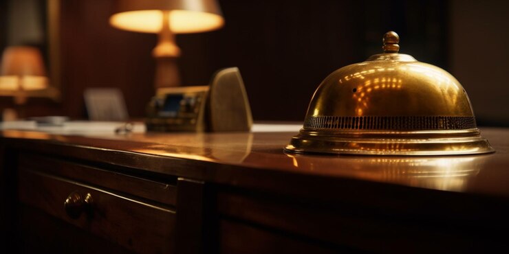 Comptoir de réception de l'hôtel avec bell close up