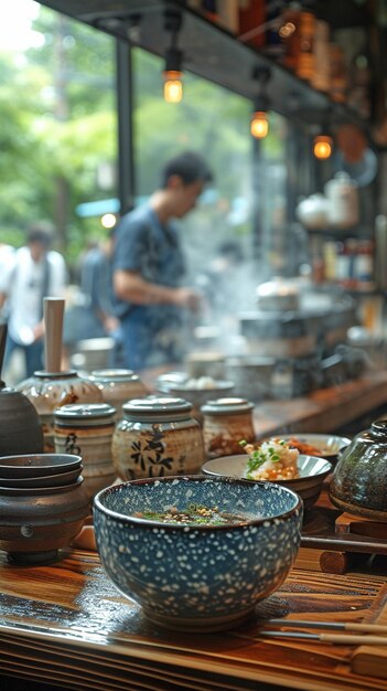 Comptoir de restaurant japonais avec une concentration sur des tasses de thé en céramique où les convives sont servis directement par le chef Blur qui cuisine au comptoir de la cuisine