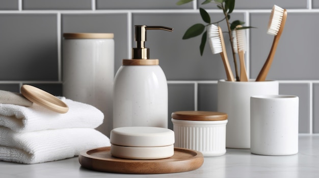 Un comptoir de salle de bain blanc avec un porte-savon en céramique blanche et un porte-savon blanc.