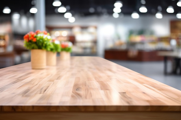 Le comptoir de la table en bois du supermarché à l'arrière-plan flou