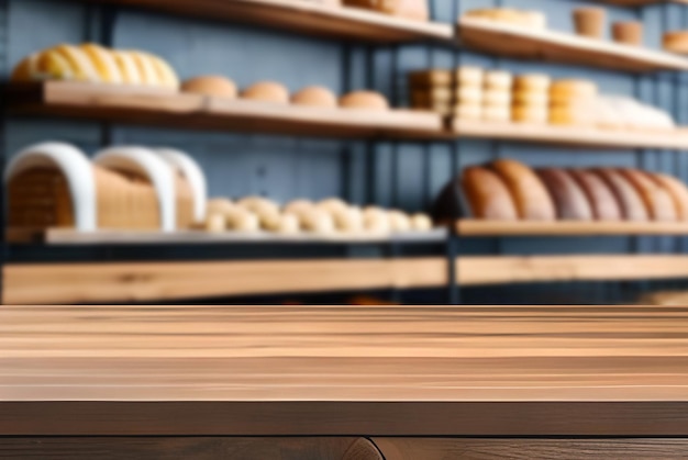 Un comptoir de table devant une étagère de pain