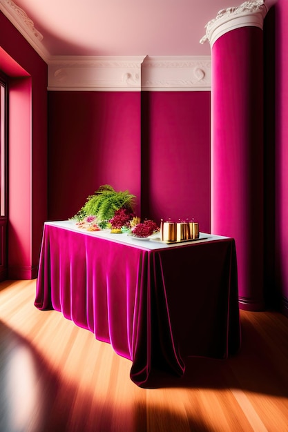 Le comptoir de la table est une nappe de velours rose rose à la lumière du soleil, une ombre de feuille tropicale sur un rouge marron blanc.