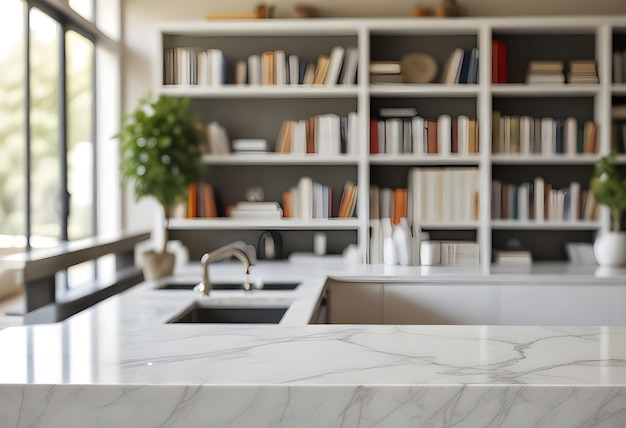 Un comptoir ou une table en marbre blanc au premier plan avec une étagère floue et une pièce de séjour