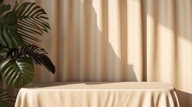 Comptoir de table avec nappe en lin beige à l'ombre des feuilles tropicales du soleil AI générative