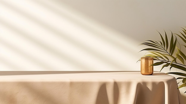 comptoir de table avec nappe en lin marron beige drapé dans l'ombre des feuilles tropicales du soleil sur un mur blanc