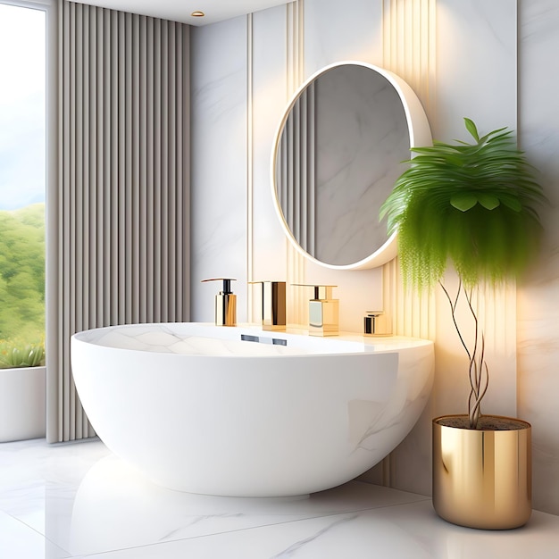 Comptoir de vanité en marbre moderne lavabo en céramique ovale blanc miroir plante grimpante au soleil de w