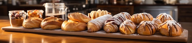 Photo un comptoir avec une variété de pâtisseries et de tasses à café